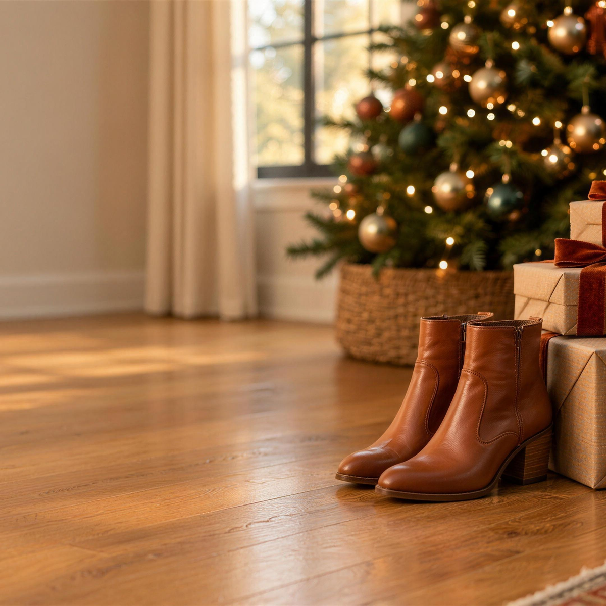 Cognac ankle boots beside wrapped gifts and a lit Christmas tree