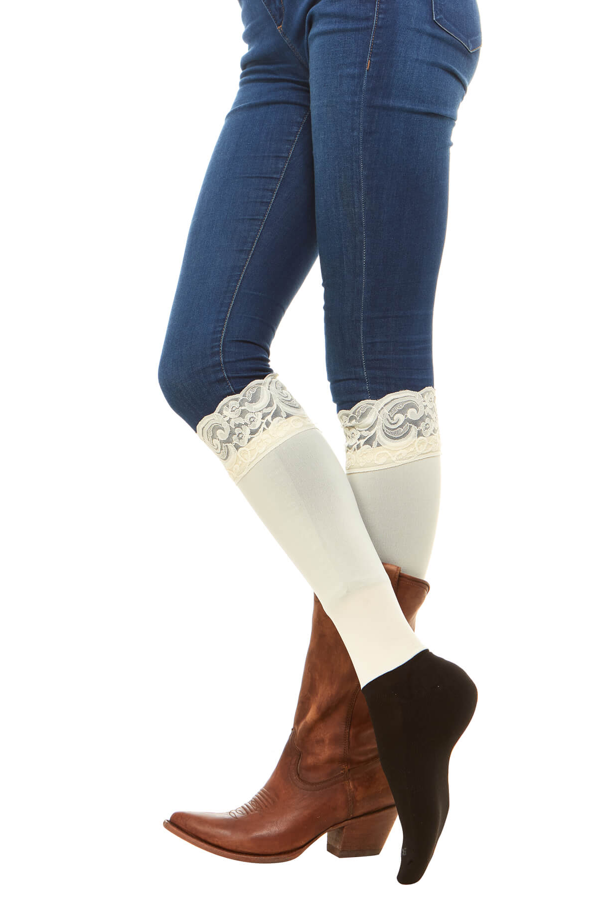 Sleek Compression sock design with lace cuff detail. Perfect for rainboots and cowboy boots.Sleek Compression sock design with lace cuff detail with attached performance athletic sock . Perfect for rain boots and cowboy boots.