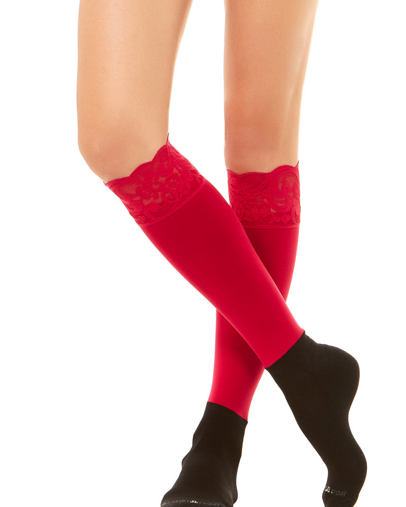 Sleek Compression sock design with lace cuff detail with attached performance athletic sock . Perfect for rain boots and cowboy boots. 