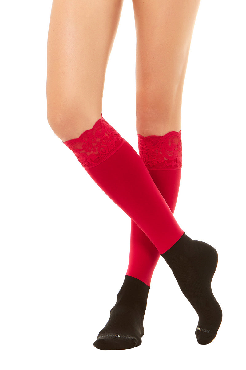 Sleek Compression sock design with lace cuff detail with attached performance athletic sock . Perfect for rain boots and cowboy boots.