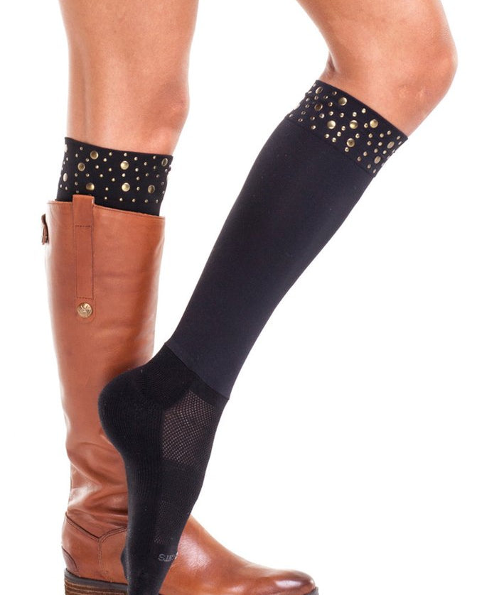 Sleek Compression sock design with nailhead trim detail with attached performance athletic sock Perfect for rain boots and cowboy boots.
