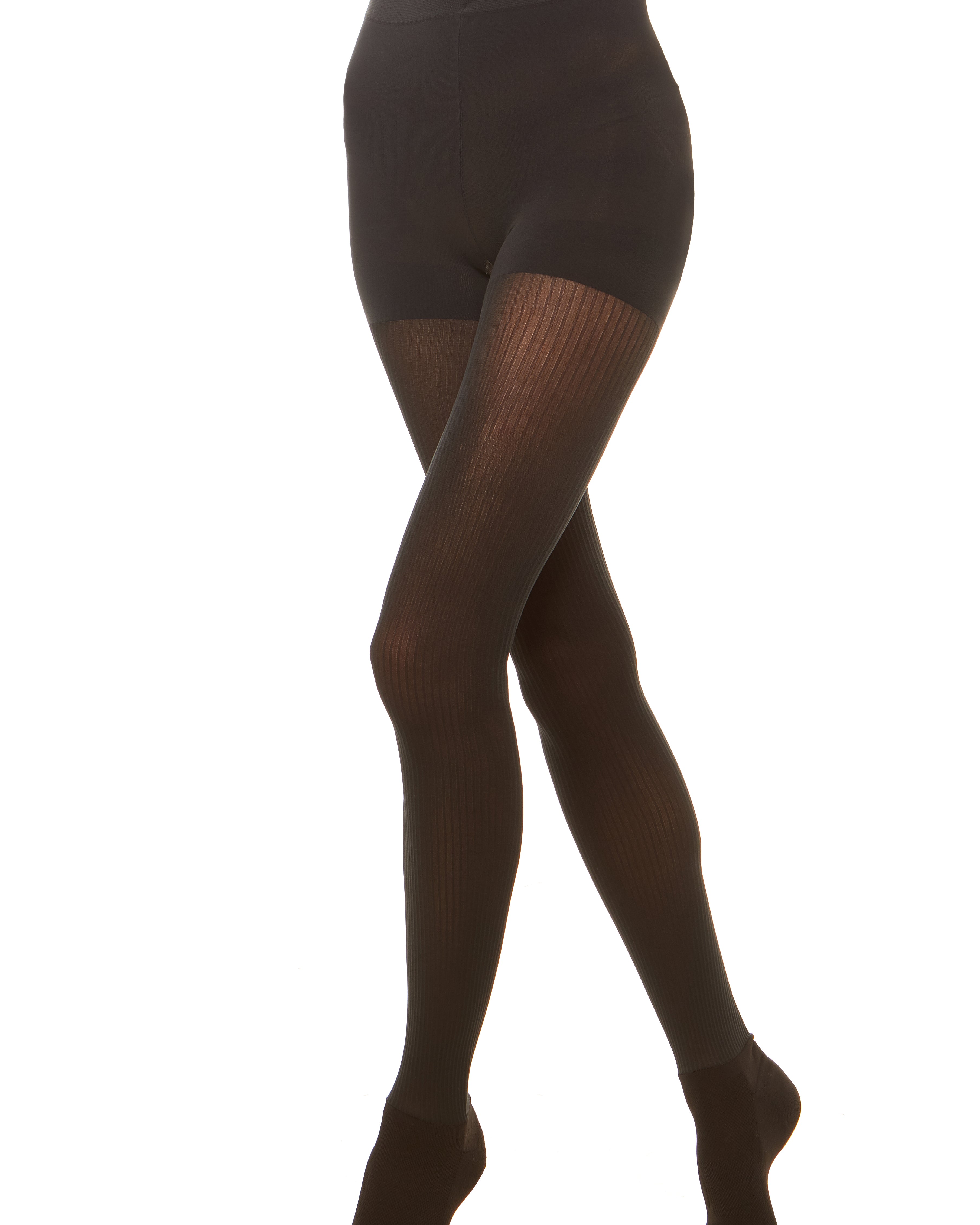 Premium semi opaque women’s tights in a sheer rib pattern with attached performance athletic socks and tummy control waistband
