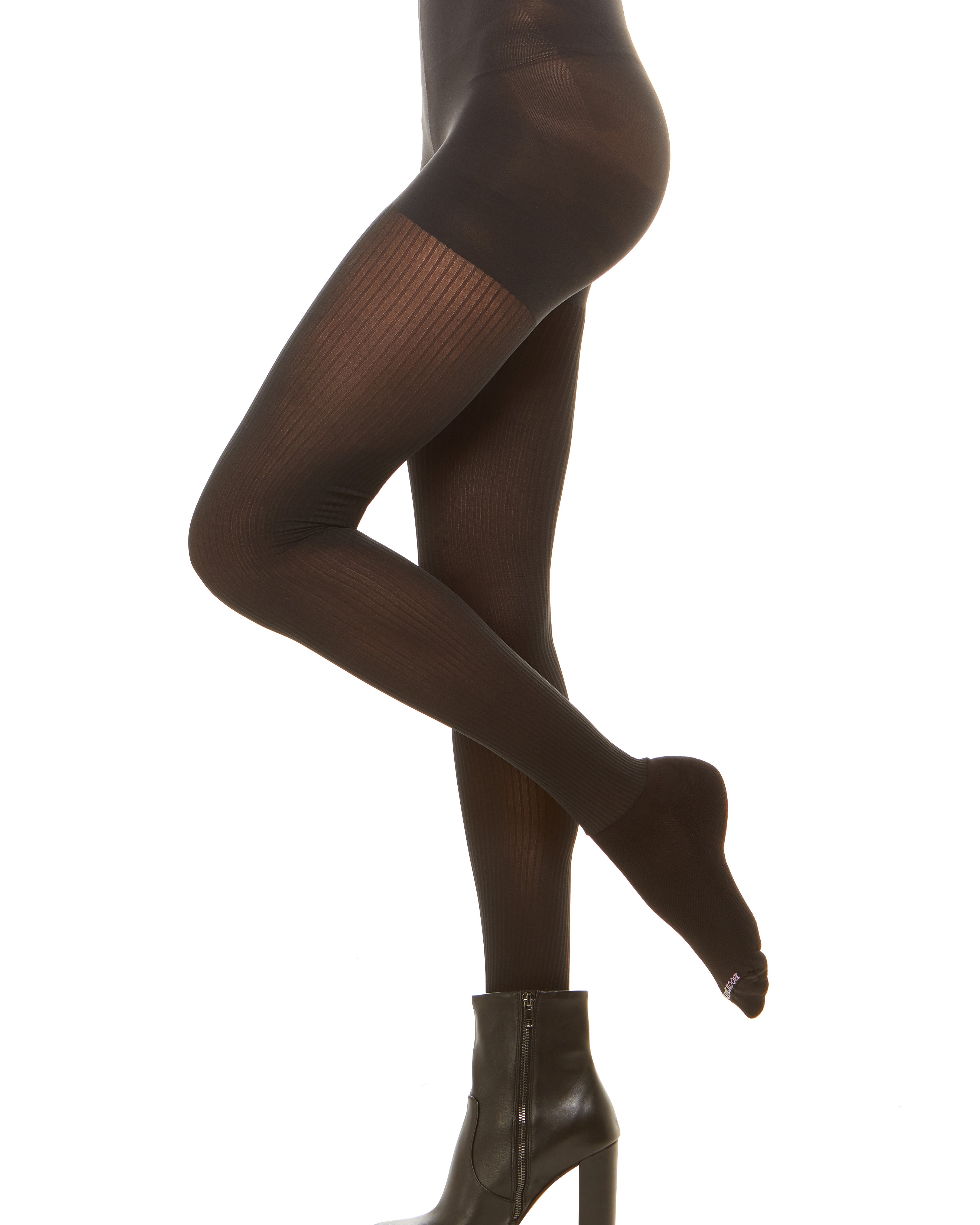 Premium semi opaque women’s tights in a sheer rib pattern with attached performance athletic socks and tummy control waistband