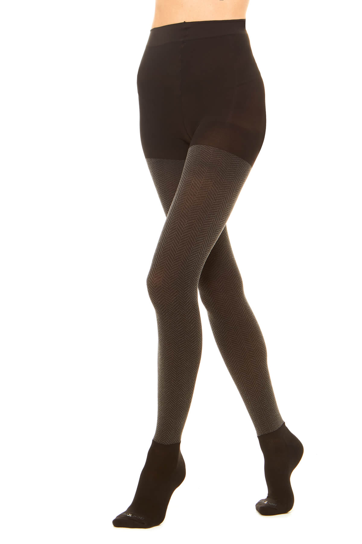 Premium semi opaque women’s tights in a sheer rib pattern with attached performance athletic socks and tummy control waistband