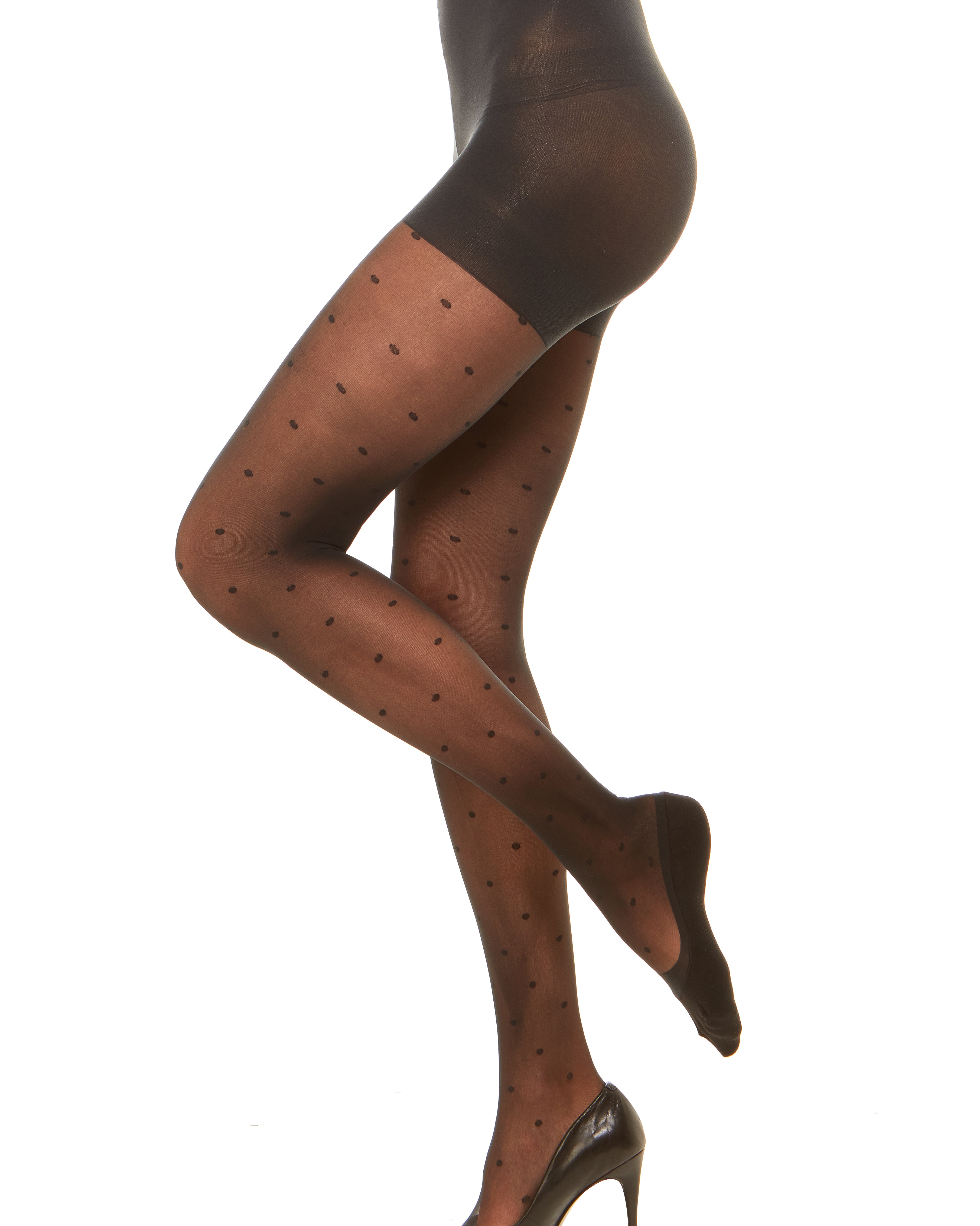 Premium sheer dot women’s tights with attached no show socks and tummy control waistband. Sock liner makes these tights easy to wear with all shoes. In a sheer  