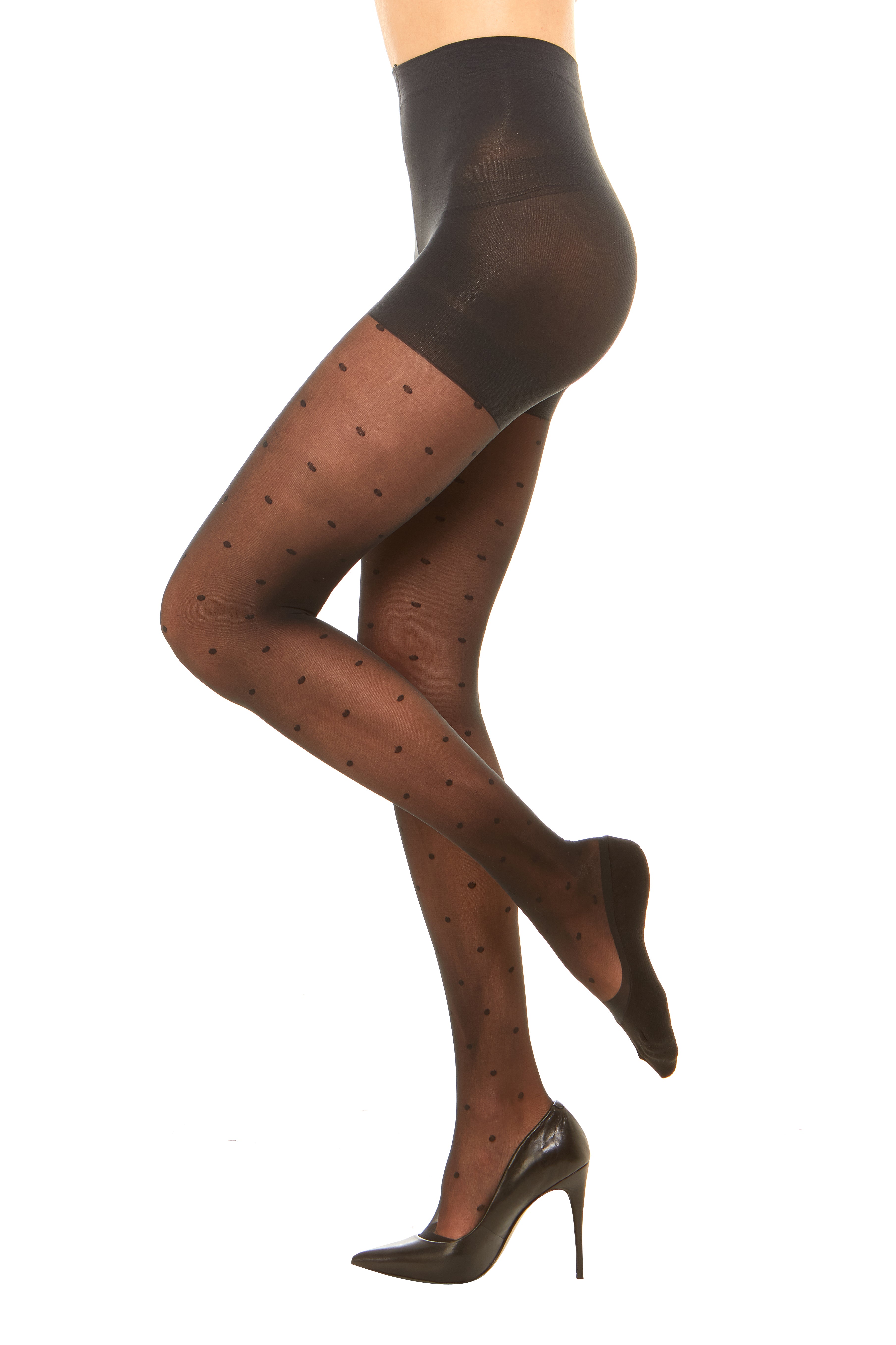 Premium sheer dot women’s tights with attached no show socks and tummy control waistband. Sock liner makes these tights easy to wear with all shoes. In a sheer