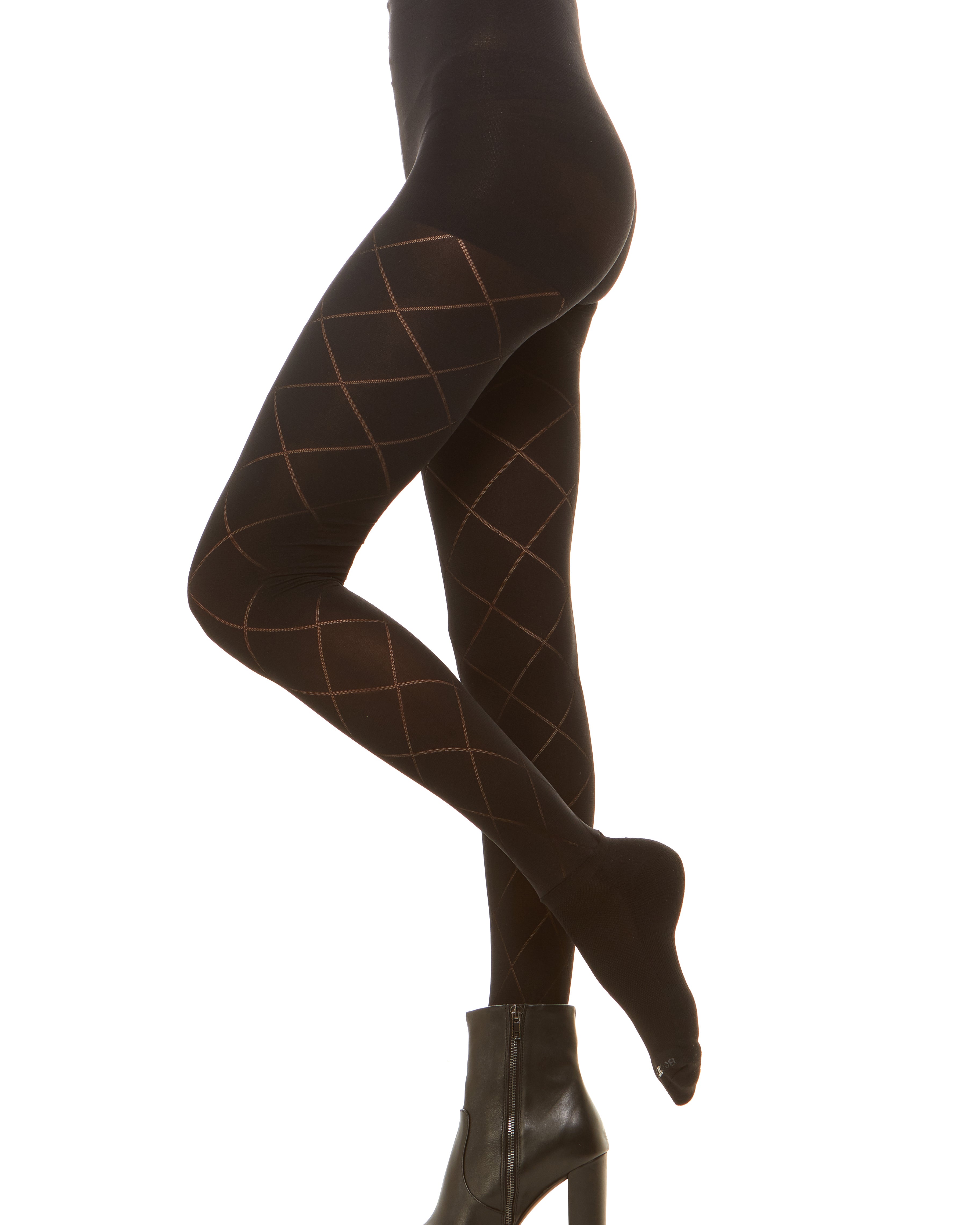 Premium semi opaque women’s tights in a diamond pattern with attached performance athletic socks and tummy control waistband