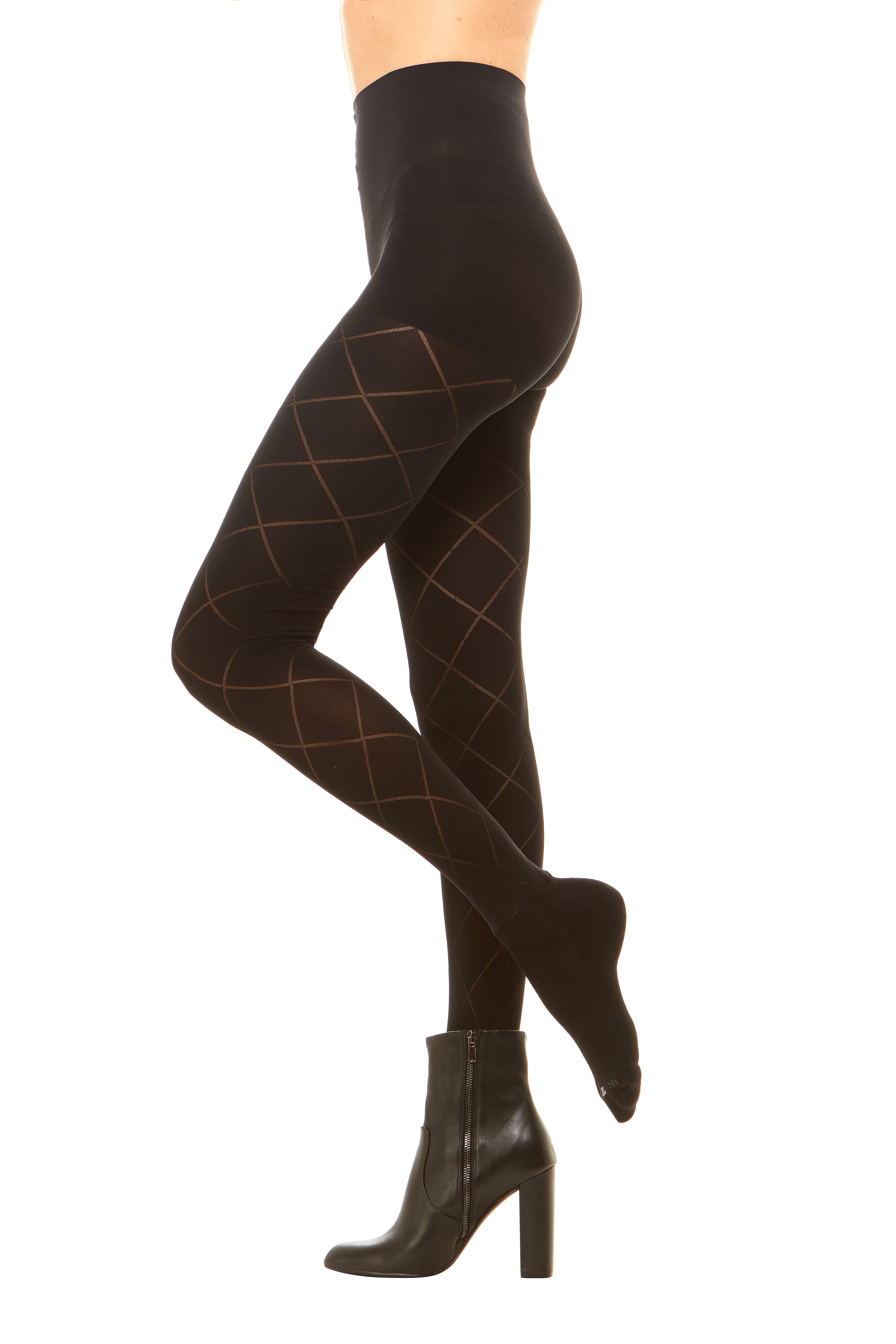Premium semi opaque women’s tights in a diamond pattern with attached performance athletic socks and tummy control waistband