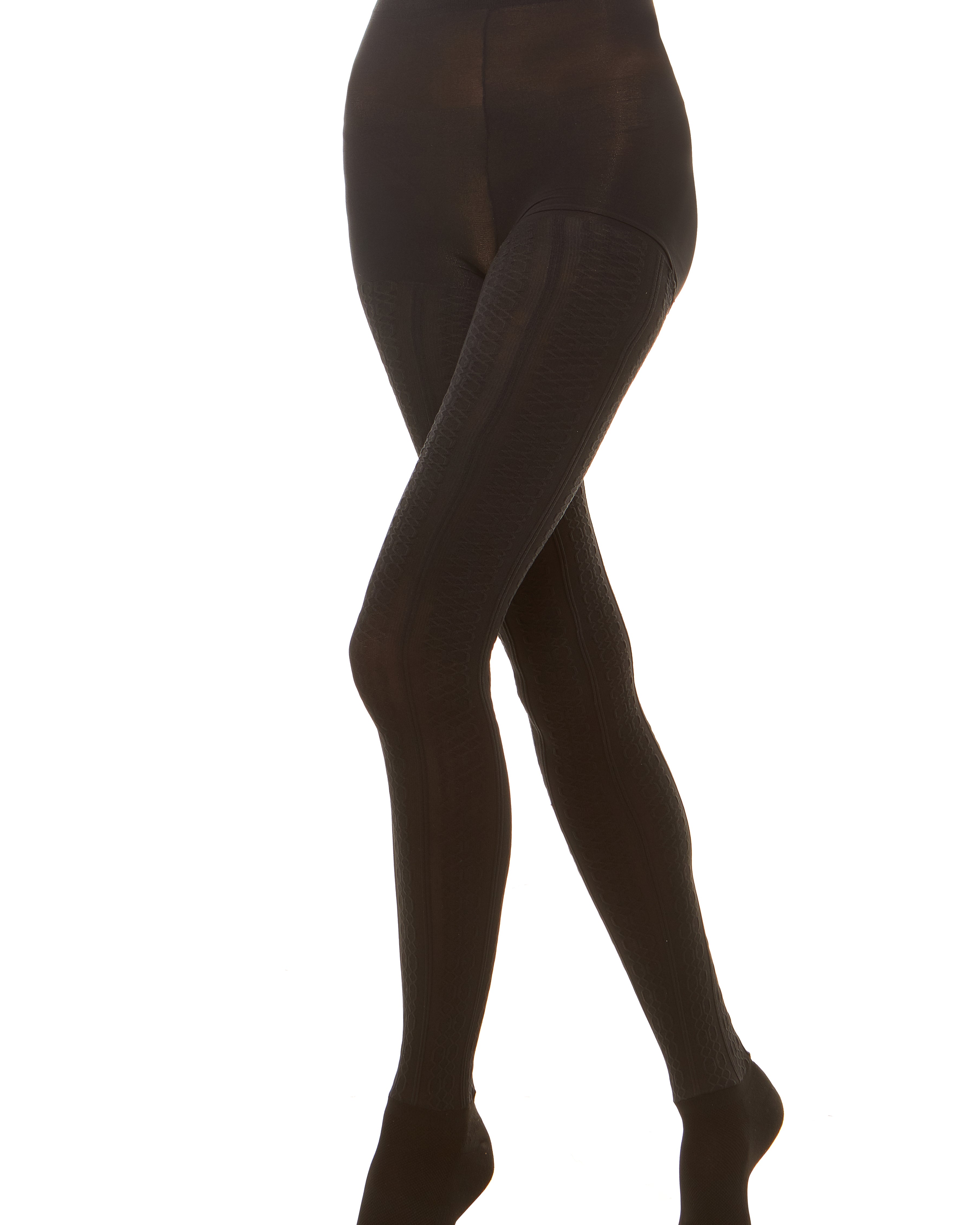 Premium semi opaque women’s tights in a cable knit pattern with attached performance athletic socks and tummy control waistband