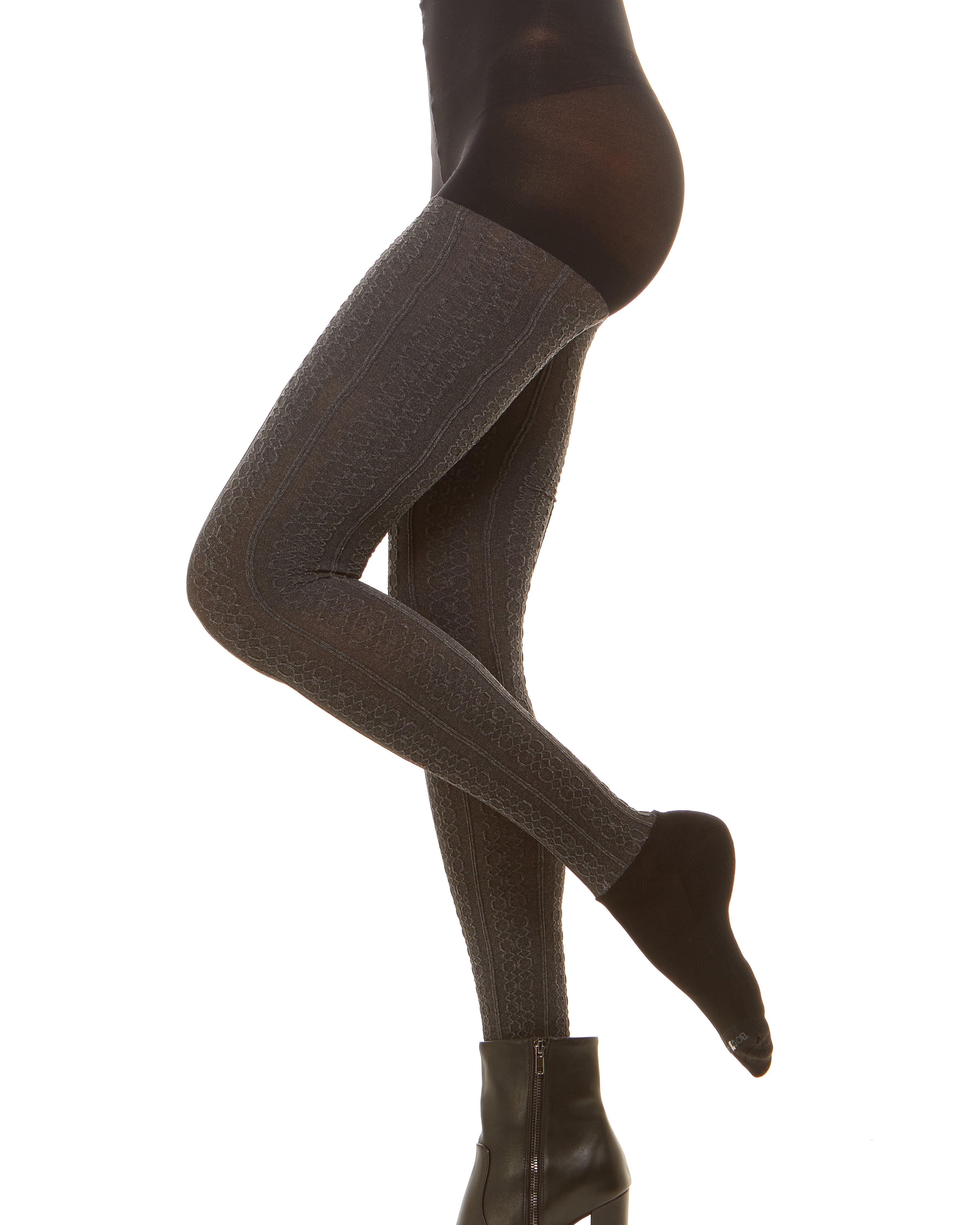Premium semi opaque women’s tights in a cable knit pattern with attached performance athletic socks and tummy control waistband