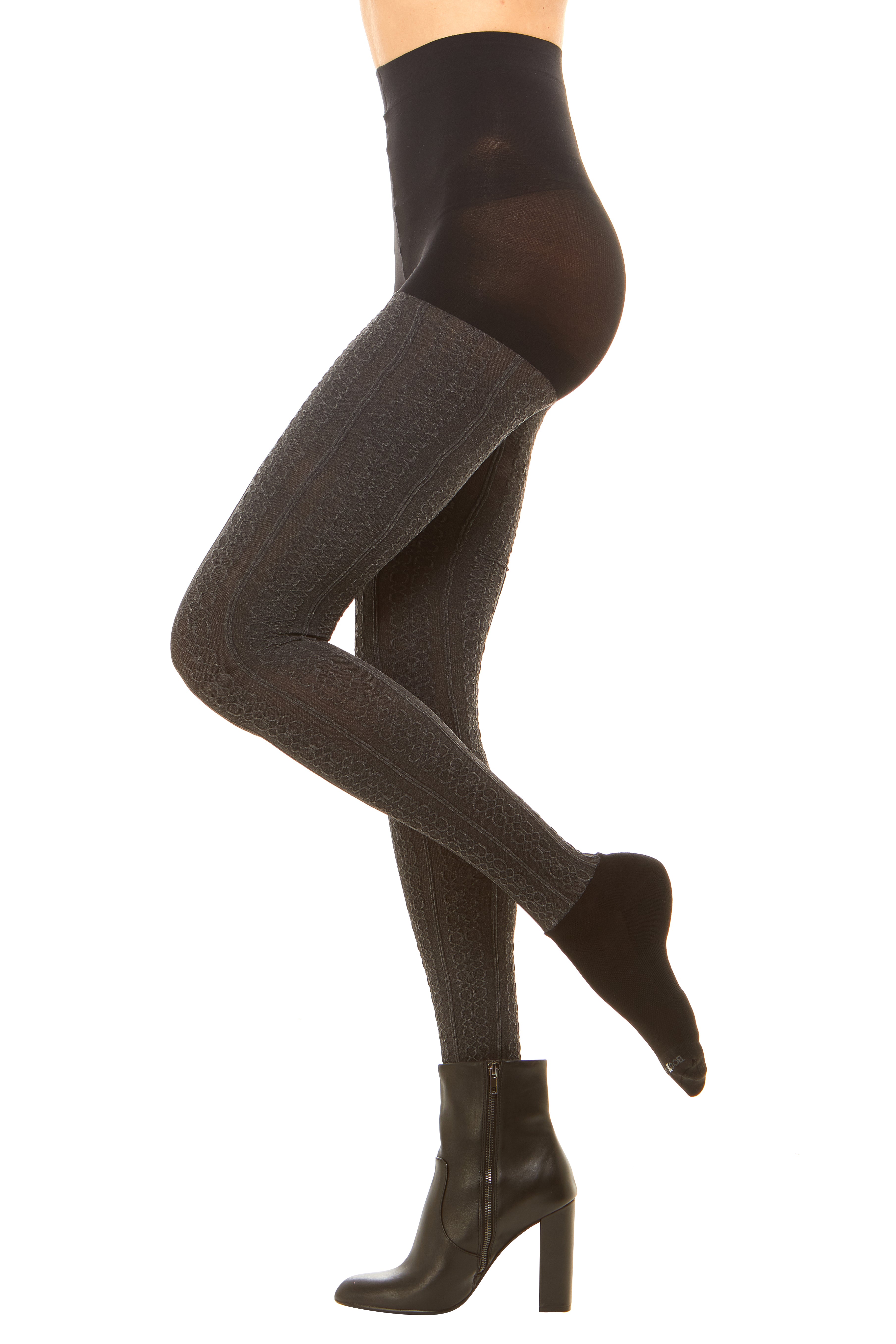 Premium semi opaque women’s tights in a cable knit pattern with attached performance athletic socks and tummy control waistband
