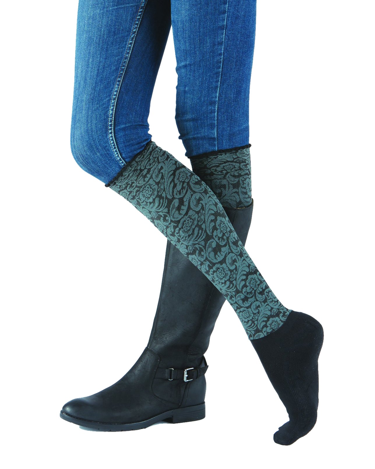 Sleek compression sock design in a floral print and attached performance athletic sock. 