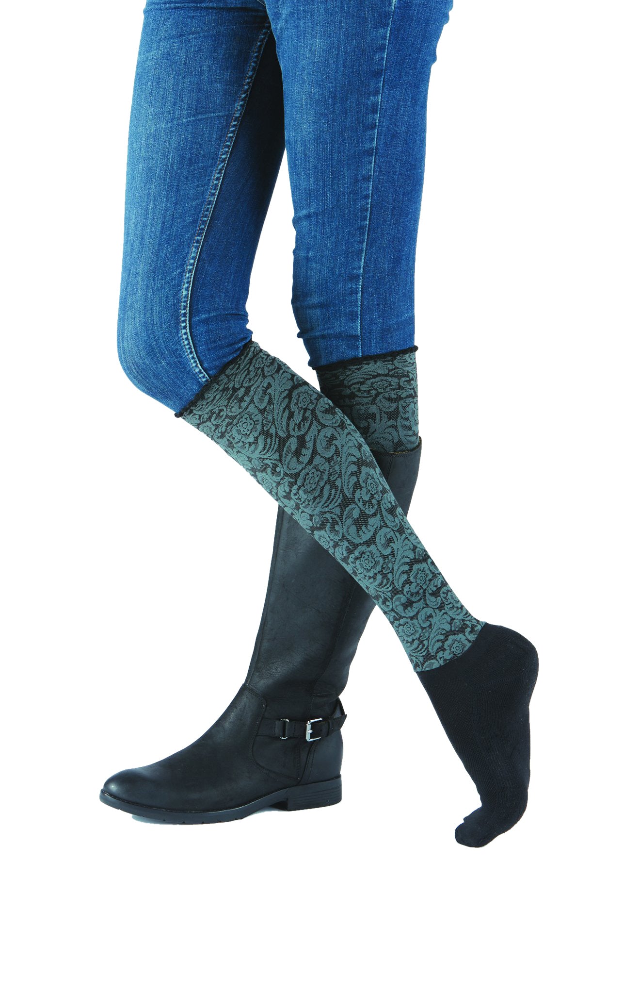 Sleek compression sock design in a floral print and attached performance athletic sock.