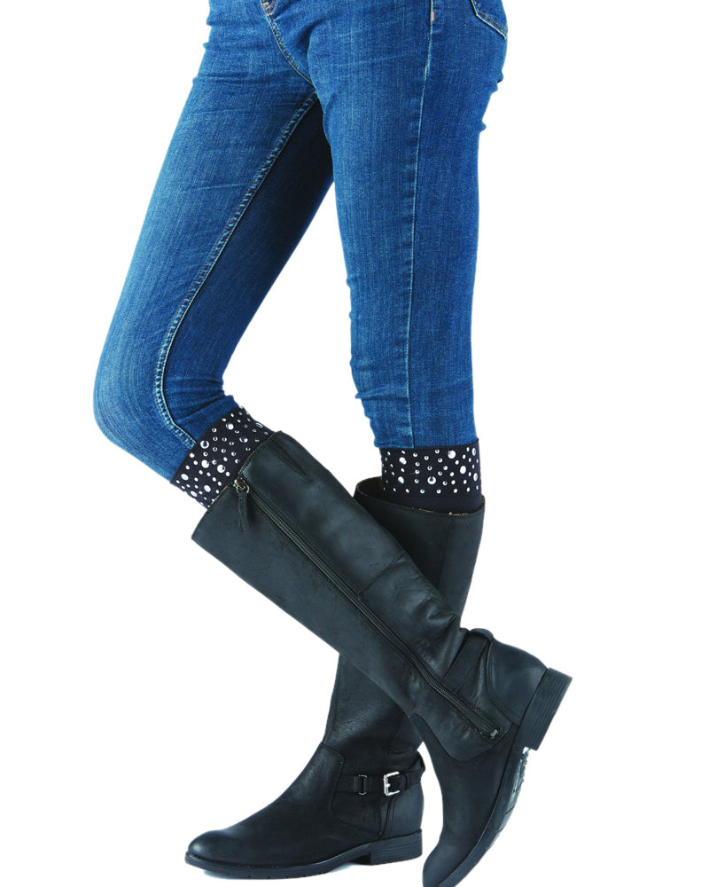 Sleek Compression sock design with nailhead trim detail with attached performance athletic sock Perfect for rain boots and cowboy boots.