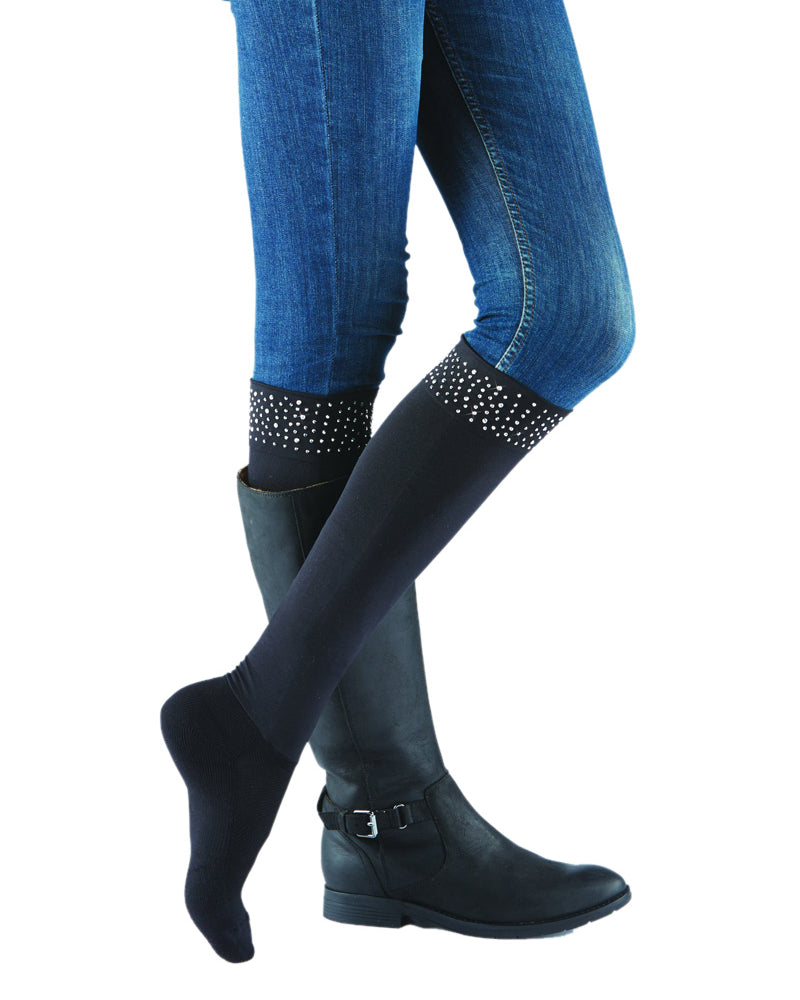 Sleek Compression sock design with rhinestone cuff detail with attached performance athletic sock. Perfect for rain boots and cowboy boots.