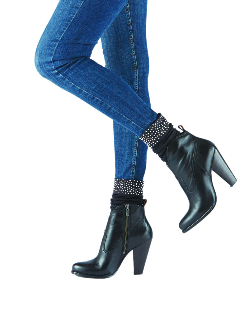 Sleek Compression sock design with rhinestone cuff detail with attached performance athletic sock. Perfect for rain boots and cowboy boots.