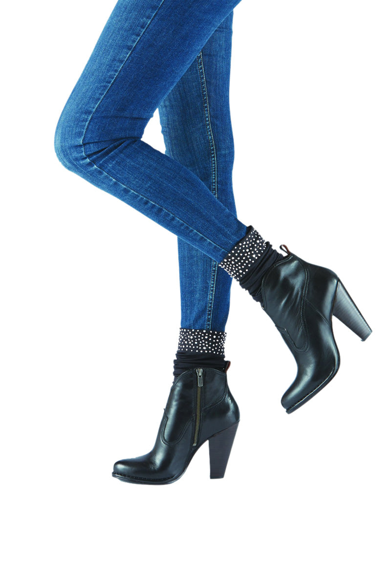 Sleek Compression sock design with rhinestone cuff detail with attached performance athletic sock. Perfect for rain boots and cowboy boots.