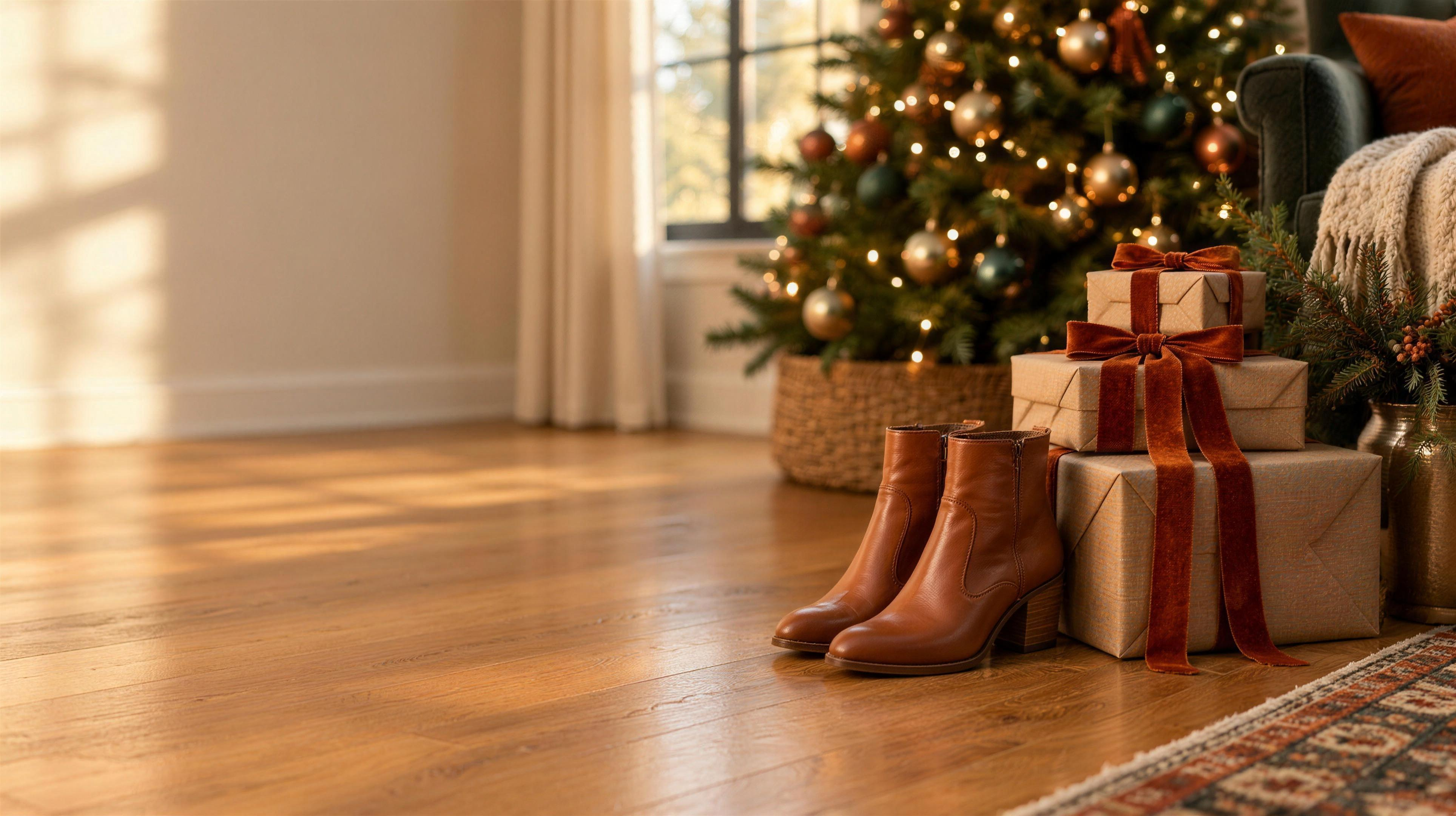 Cognac ankle boots beside wrapped gifts and a lit Christmas tree