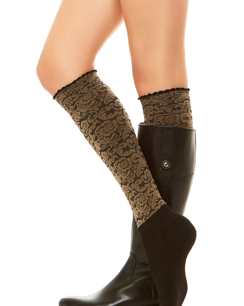 Sleek compression sock design in a floral print and attached performance athletic sock. 