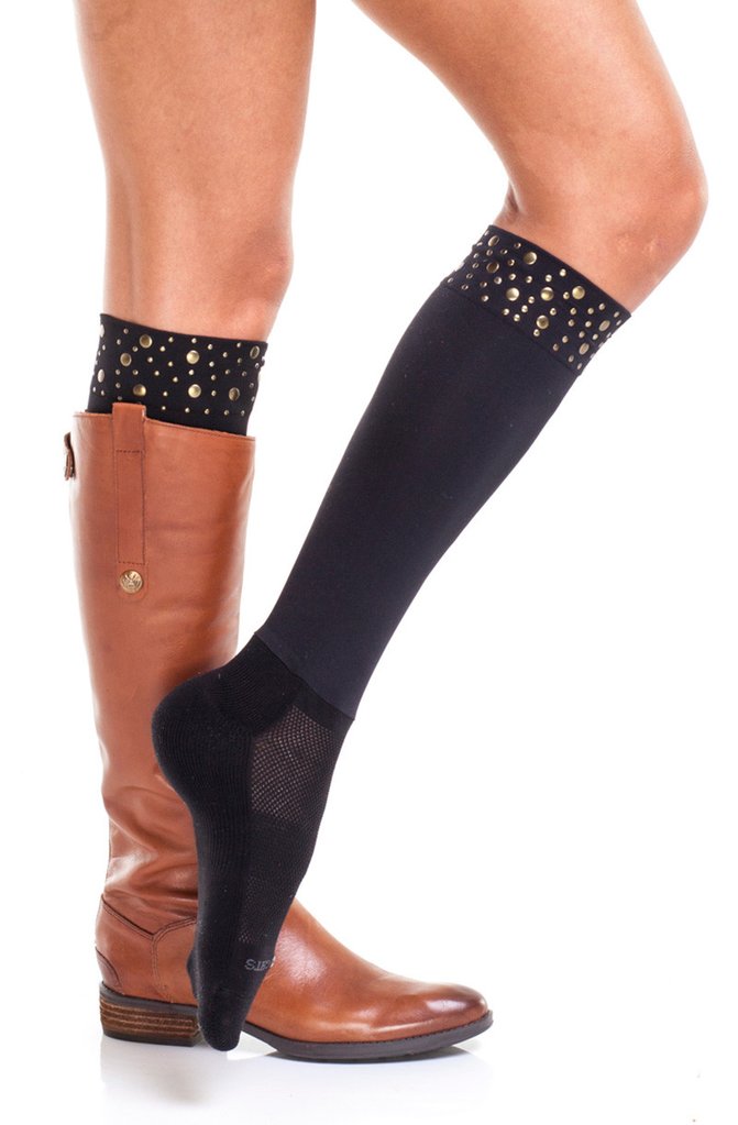 Sleek Compression sock design with nailhead trim detail with attached performance athletic sock Perfect for rain boots and cowboy boots. 