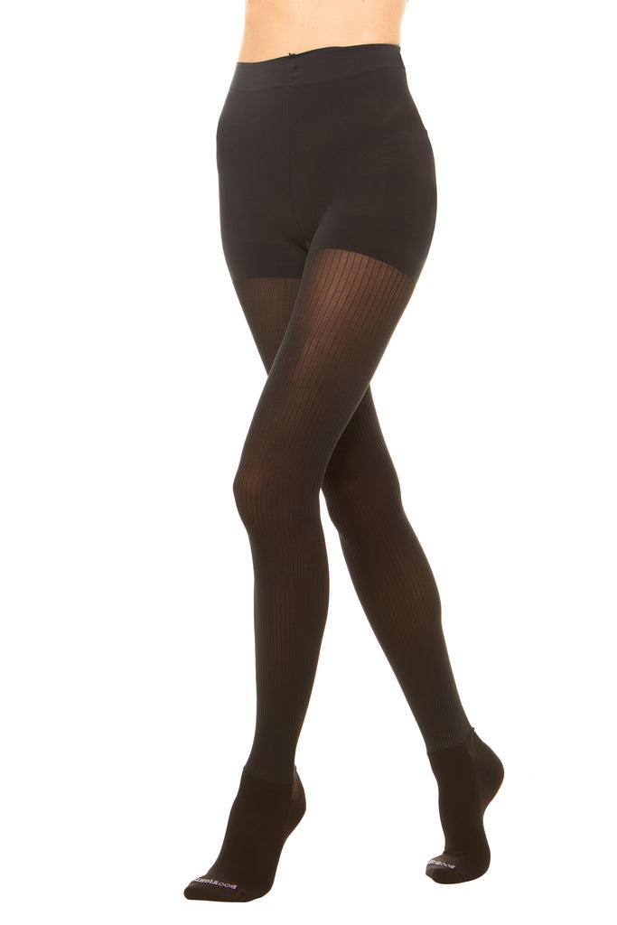 Premium semi opaque women’s tights in a sheer rib pattern with attached performance athletic socks and tummy control waistband 