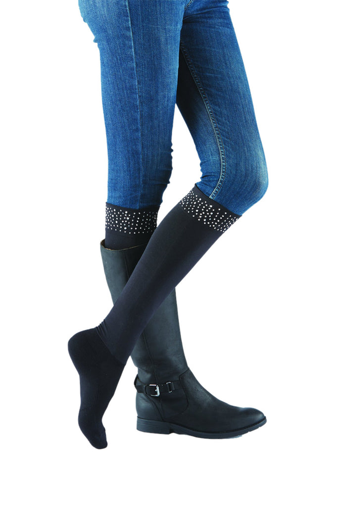 Sleek Compression sock design with rhinestone cuff detail with attached performance athletic sock. Perfect for rain boots and cowboy boots.